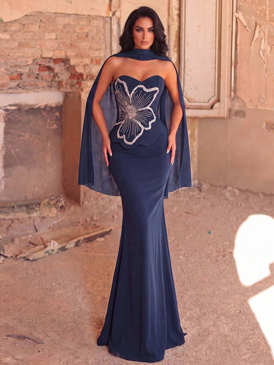 Elegantna formalna večernja haljina za žene u stilu sirene  sa cvetnim aplikacijama