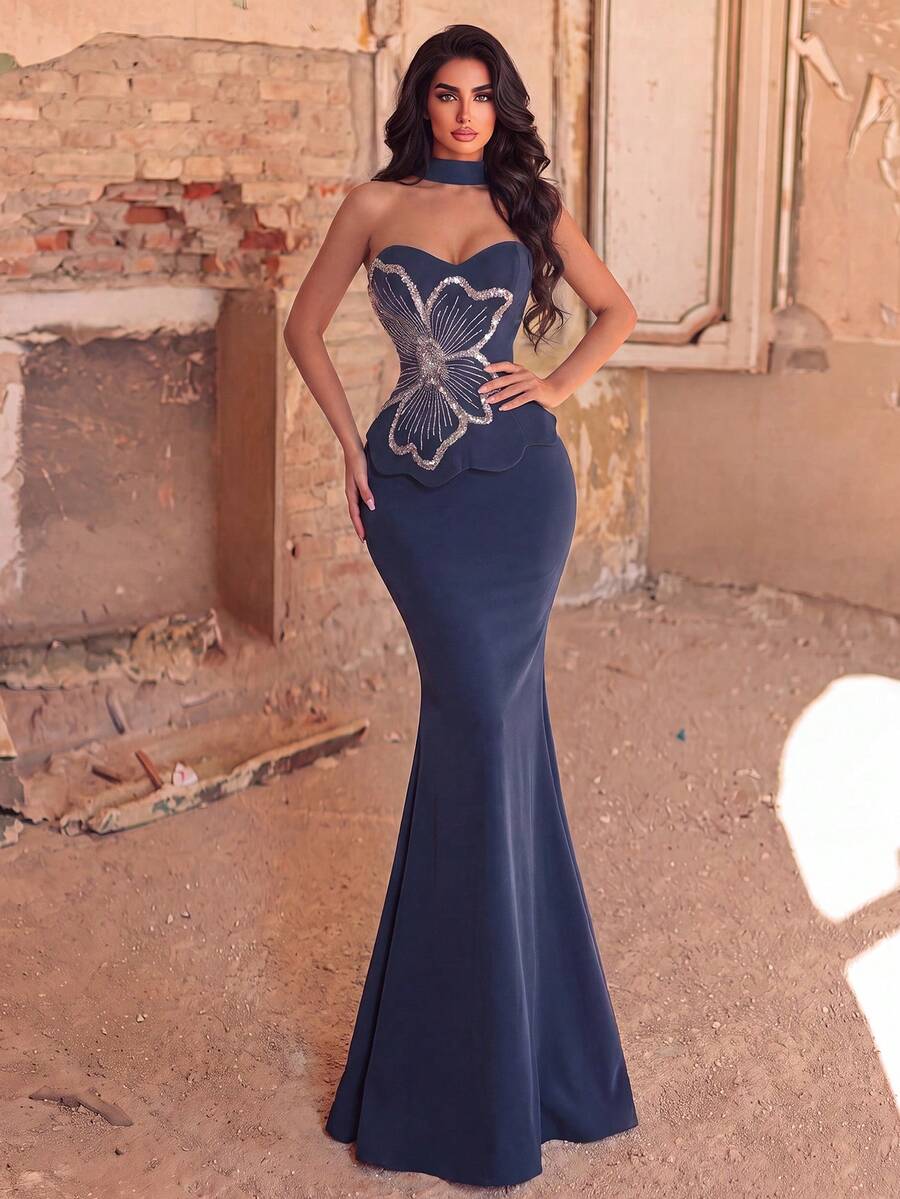 Elegantna formalna večernja haljina za žene u stilu sirene  sa cvetnim aplikacijama