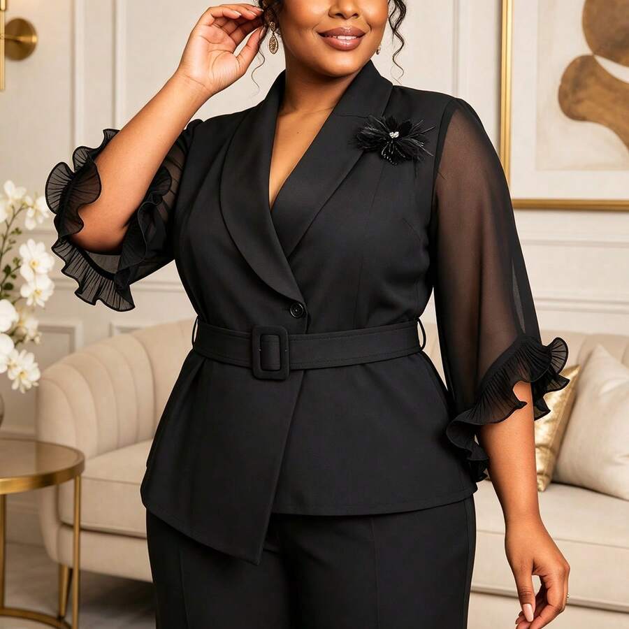 Elegantni klasični ženski blejzer plus size, crni, poslovno-ležerni top