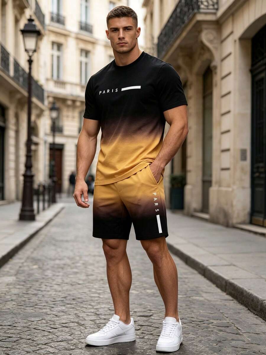 Muška majica kratkih rukava sa ombre bojom i "PARIS" printom i šorts