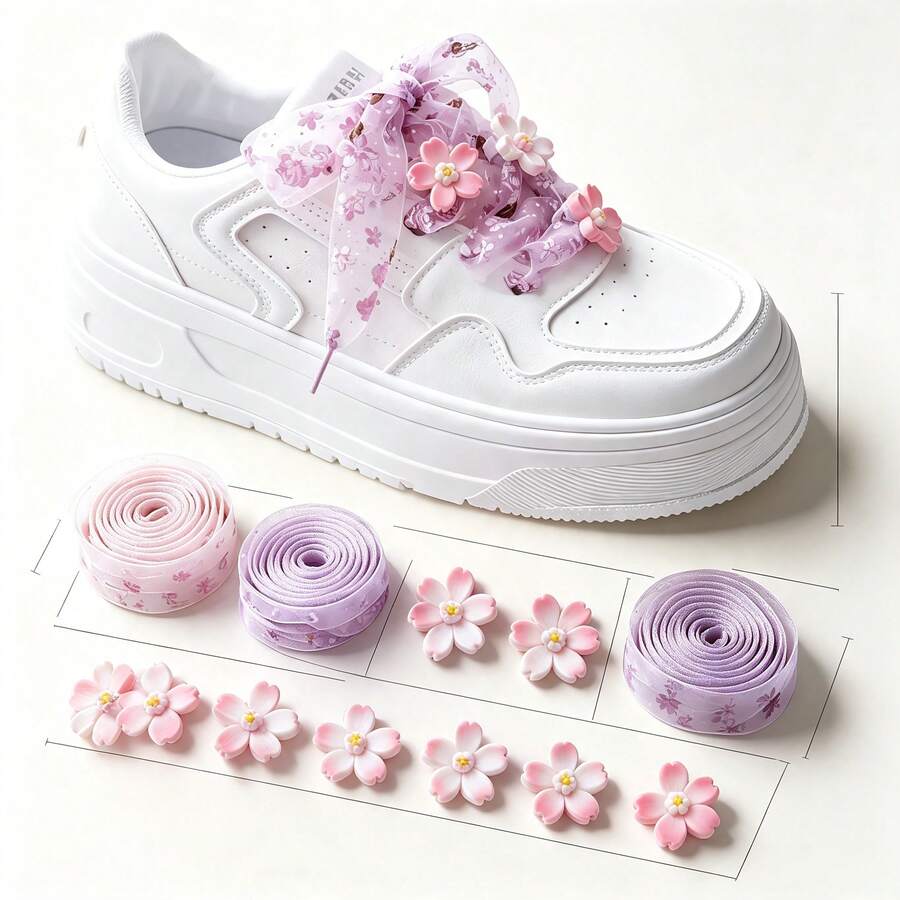 8 kom/set mrežaste pertle za patike sa printom roze cvetova trešnje, 3D realistični cvetovi