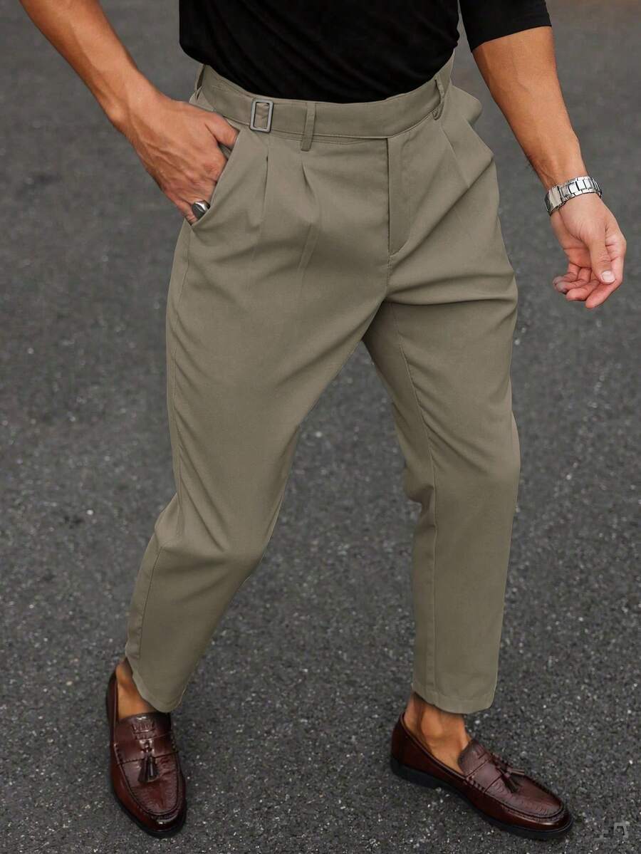 Muške svečane pantalone od odela jednobojne sa dizajnom kopče na struku, džepovima i suženim nogavicama