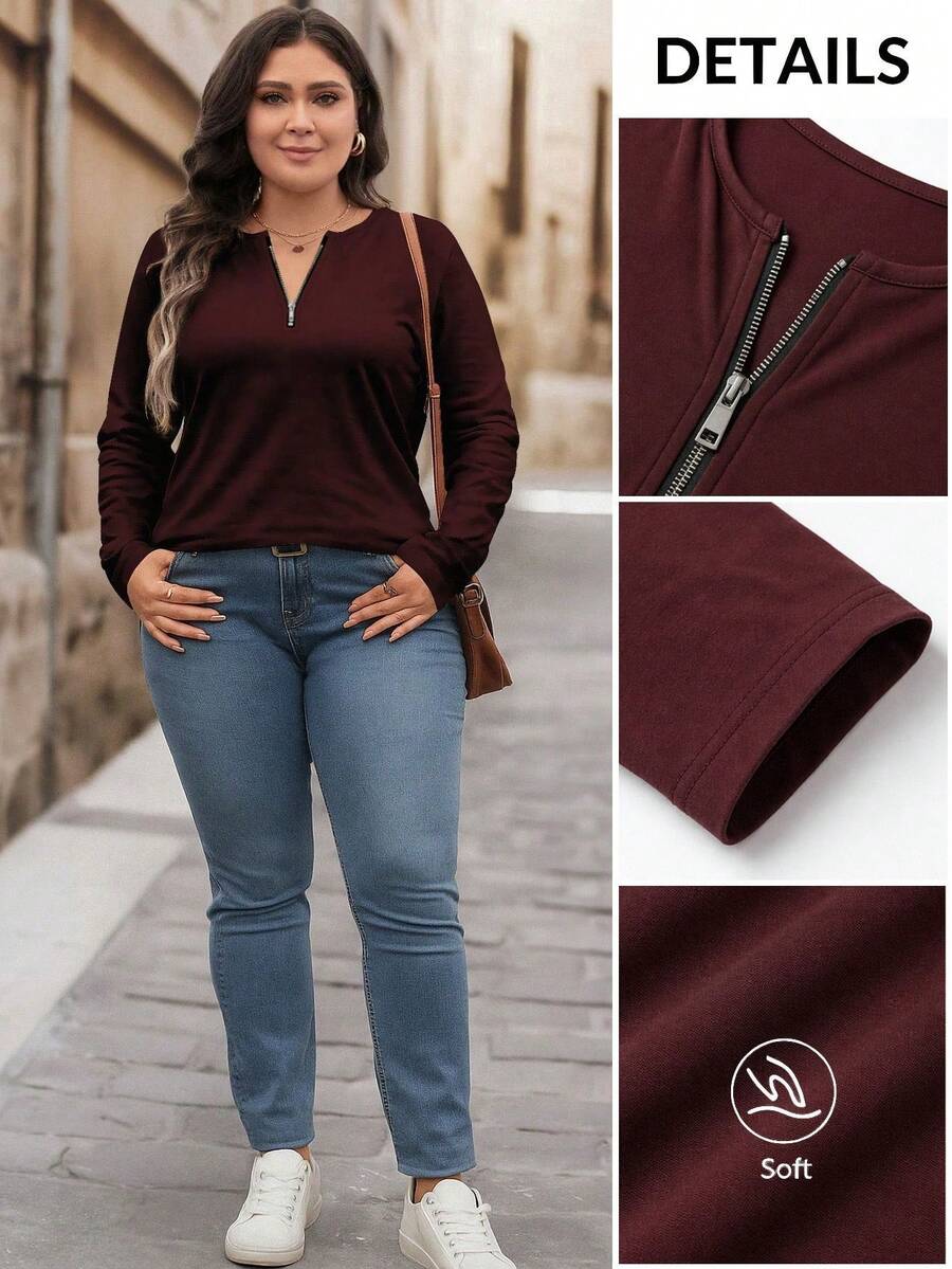 Bluza plus size, širokog kroja, sa polu-ziperom, okruglim izrezom i dugim rukavima