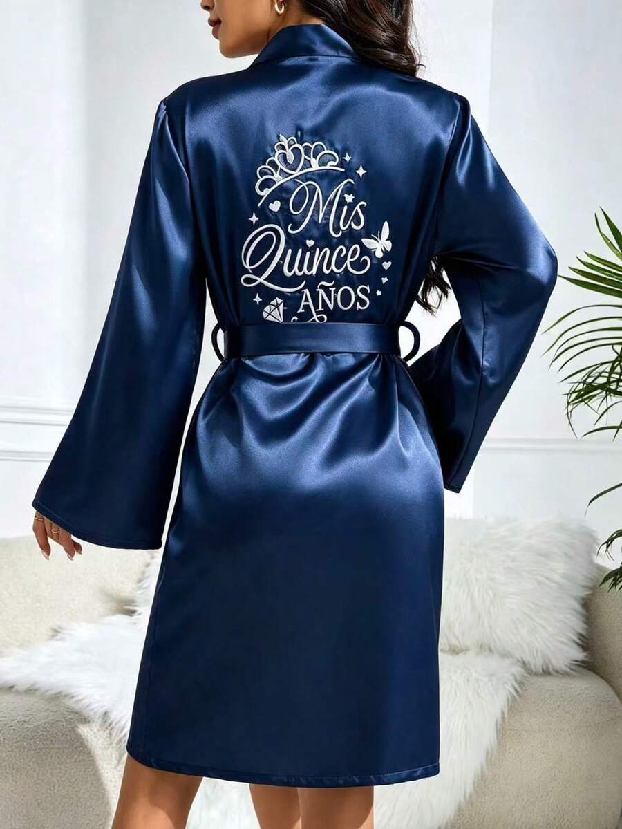 Elegantni ženski ogrtač sa kaišem i vezom cvetne krune, luksuzna kućna odeća