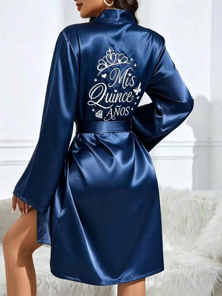 Elegantni ženski ogrtač sa kaišem i vezom cvetne krune, luksuzna kućna odeća