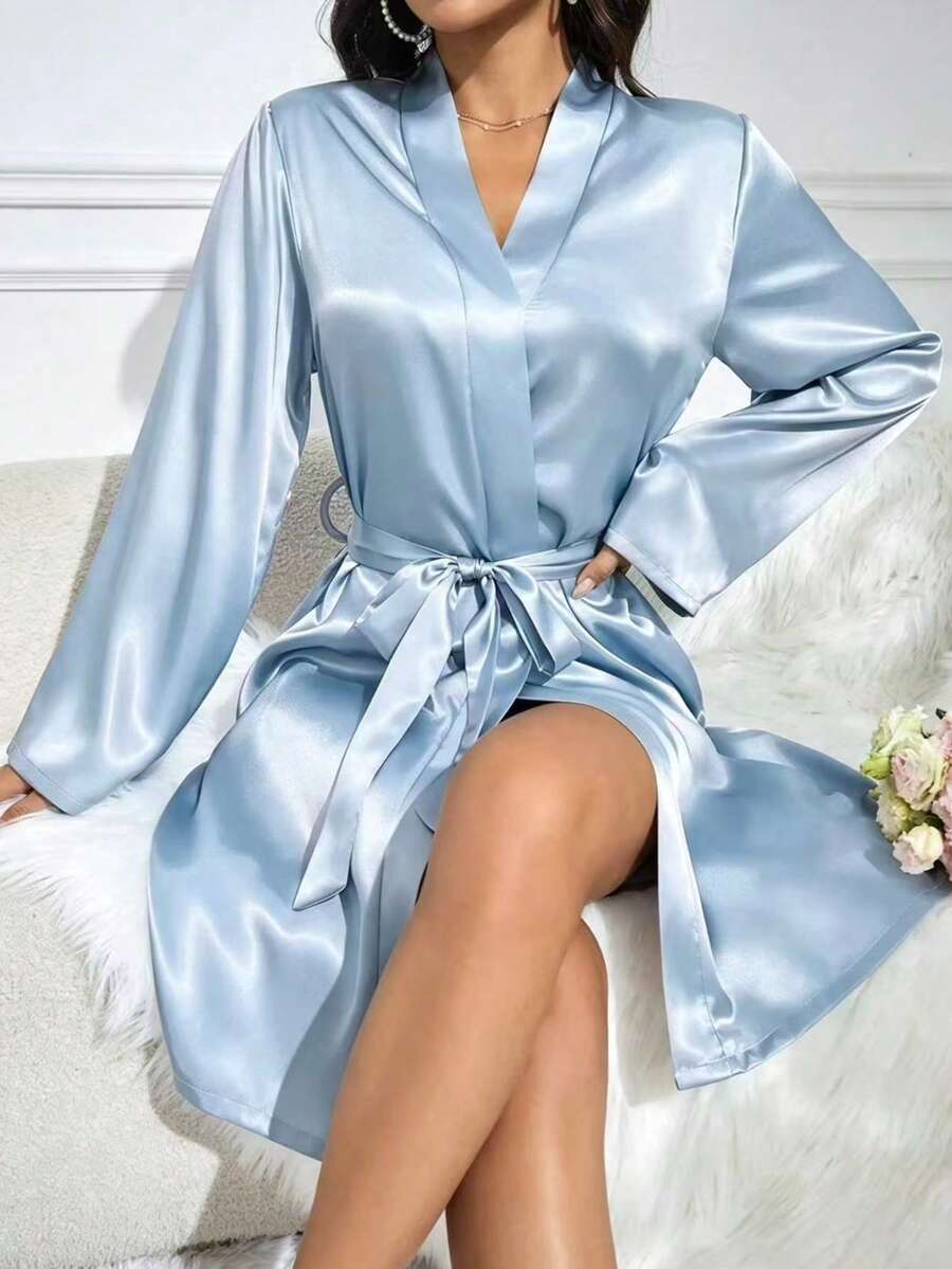 Elegantni ženski ogrtač sa kaišem i vezom cvetne krune, luksuzna kućna odeća
