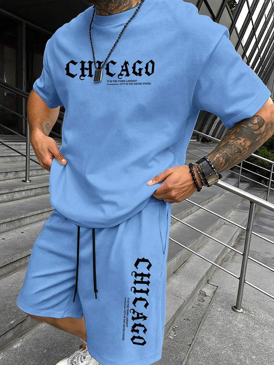 Muški streetwear komplet sa kratkim rukavima i šorts sa printom slova Chicago