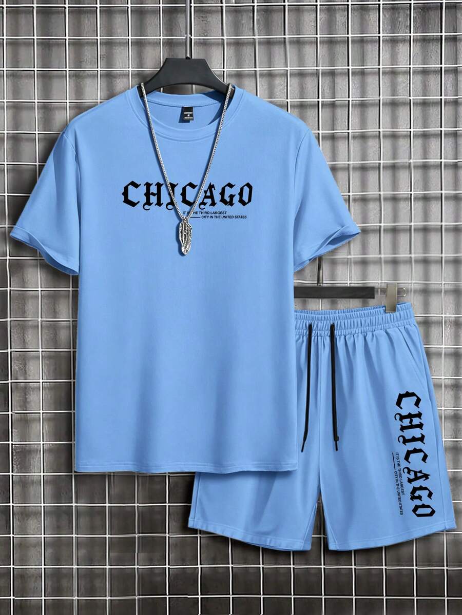 Muški streetwear komplet sa kratkim rukavima i šorts sa printom slova Chicago