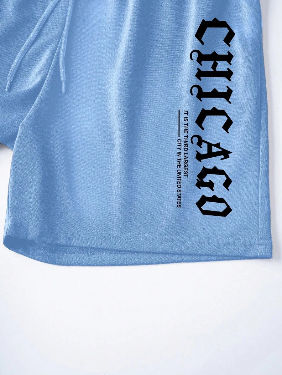 Muški streetwear komplet sa kratkim rukavima i šorts sa printom slova Chicago