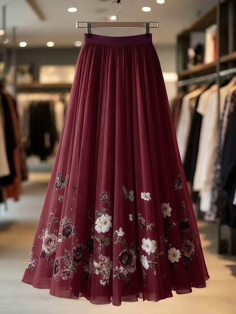 Meka suknja od tila u A-kroju, duga, sa vintage printom ruža i leptira