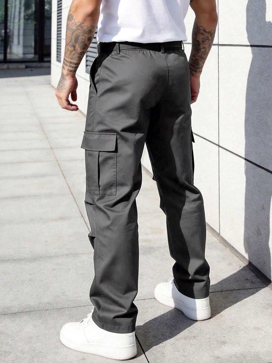 Muške ležerne pantalone ravnih nogavica jednobojne sa perticom u struku i džepovima