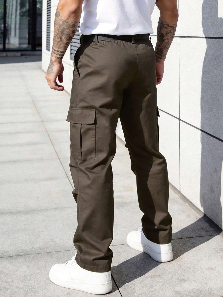 Muške ležerne pantalone ravnih nogavica jednobojne sa perticom u struku i džepovima