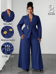 Ženski elegantni set  plus size, tamnoplavi, od elastične tkanine sa patchwork dizajnom