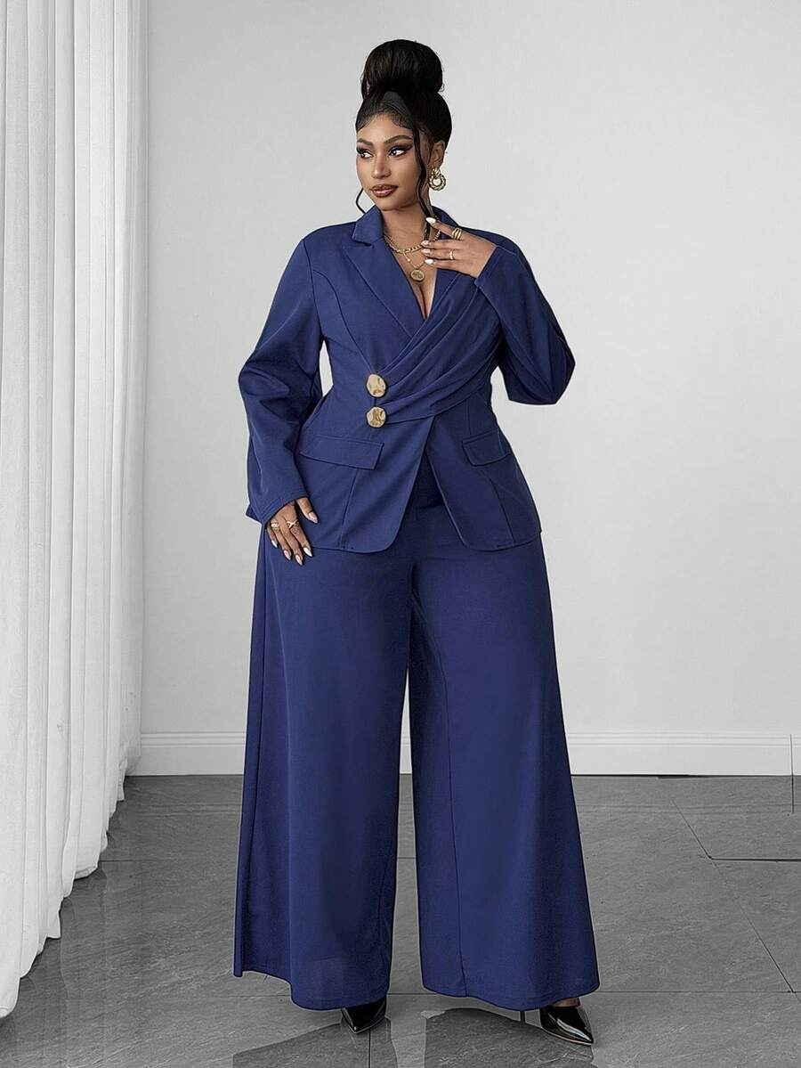 Ženski elegantni set  plus size, tamnoplavi, od elastične tkanine sa patchwork dizajnom