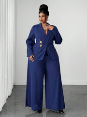 Ženski elegantni set  plus size, tamnoplavi, od elastične tkanine sa patchwork dizajnom
