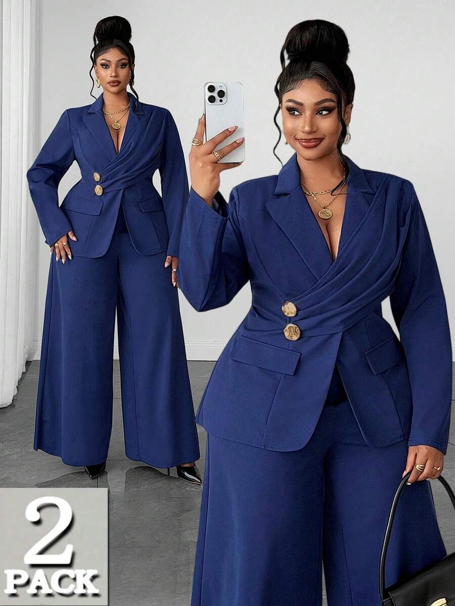 Ženski elegantni set  plus size, tamnoplavi, od elastične tkanine sa patchwork dizajnom