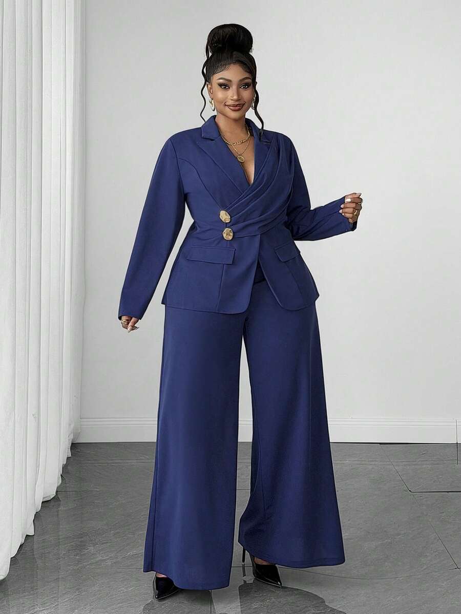 Ženski elegantni set  plus size, tamnoplavi, od elastične tkanine sa patchwork dizajnom