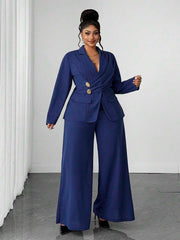 Ženski elegantni set  plus size, tamnoplavi, od elastične tkanine sa patchwork dizajnom