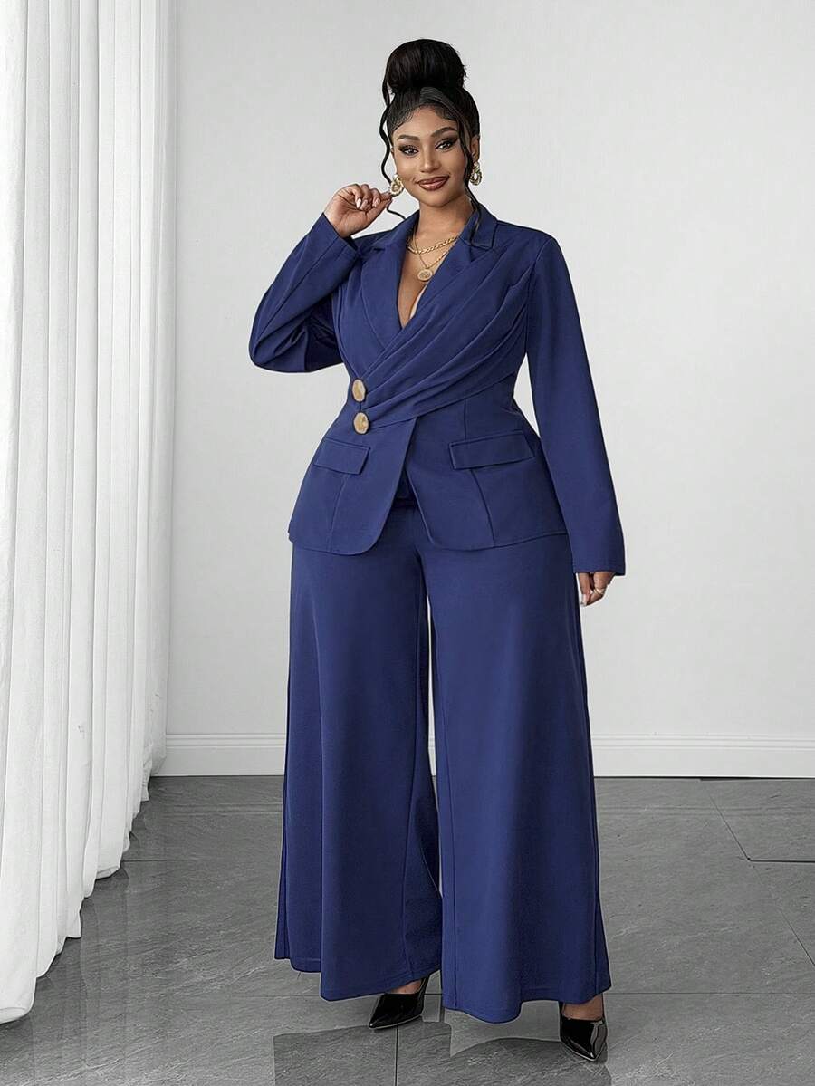 Ženski elegantni set  plus size, tamnoplavi, od elastične tkanine sa patchwork dizajnom