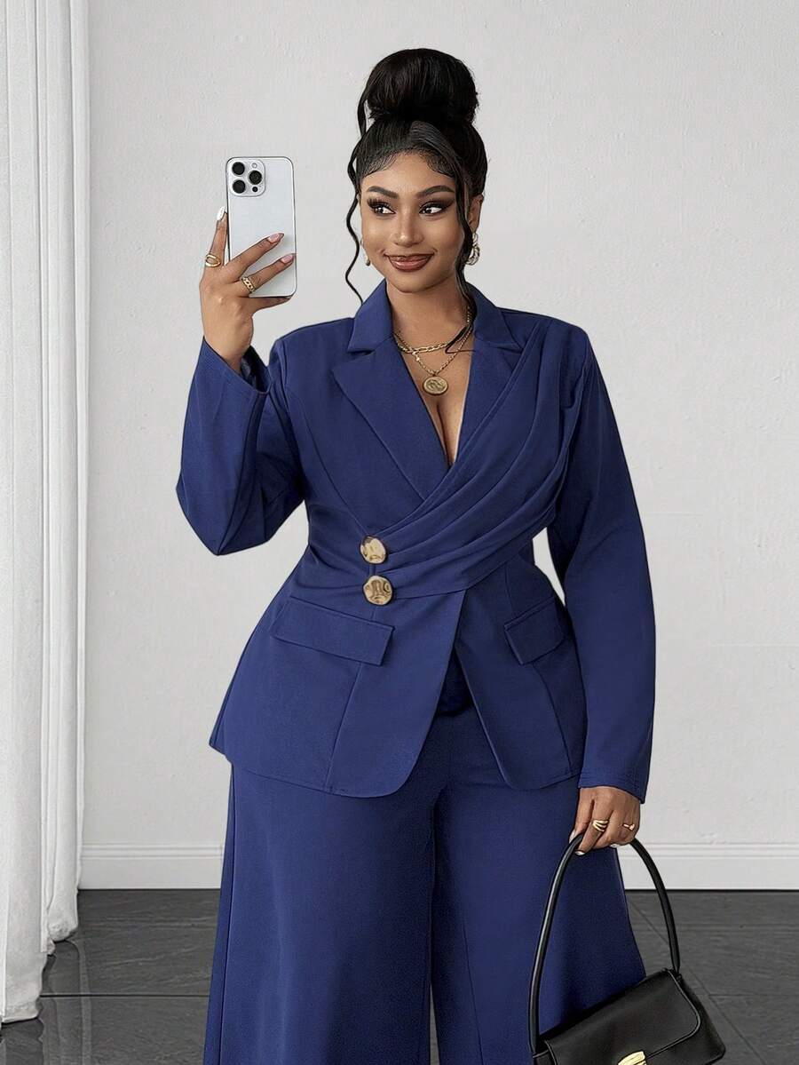 Ženski elegantni set  plus size, tamnoplavi, od elastične tkanine sa patchwork dizajnom
