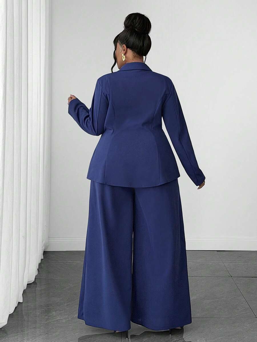 Ženski elegantni set  plus size, tamnoplavi, od elastične tkanine sa patchwork dizajnom