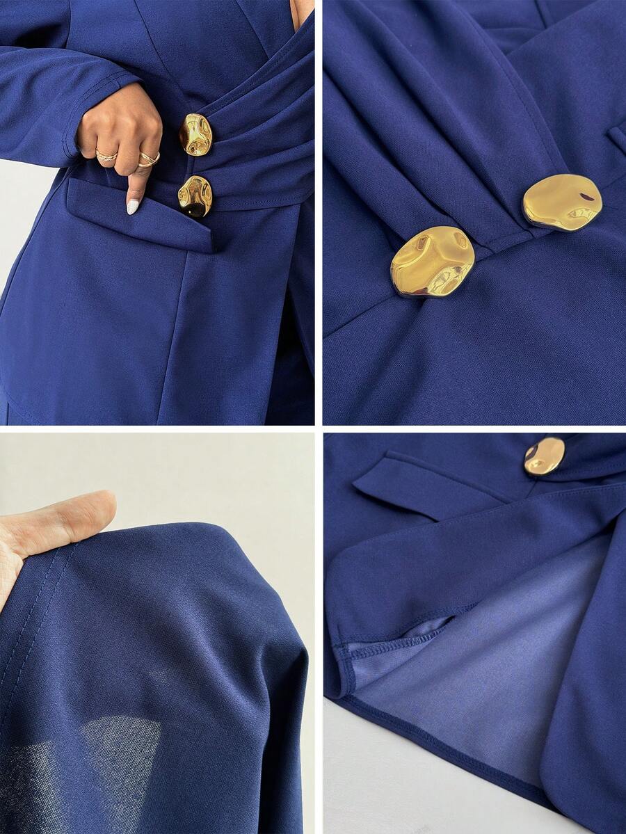 Ženski elegantni set  plus size, tamnoplavi, od elastične tkanine sa patchwork dizajnom