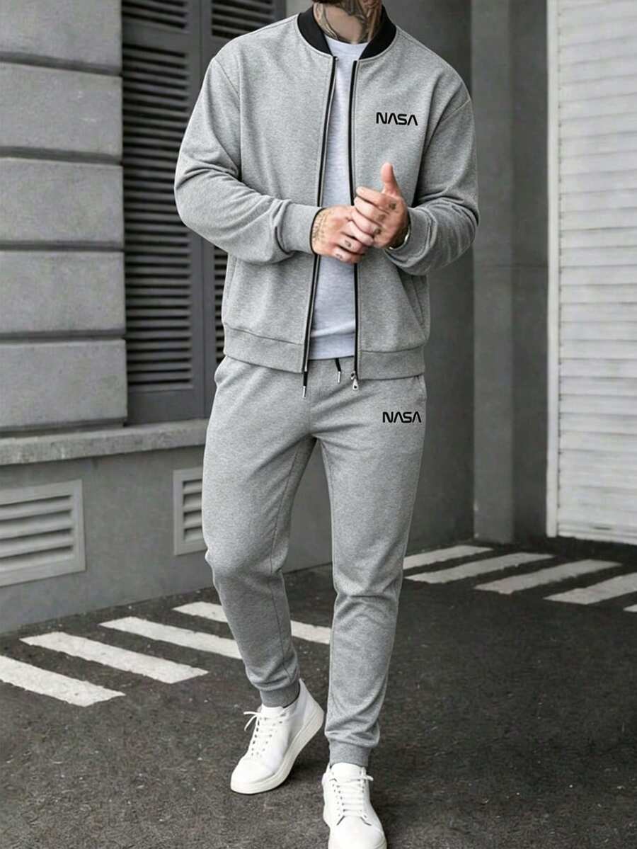 Muški jesenji/zimski komplet sa jaknom dugih rukava sa printom i suženim pantalonama sa pertlom u struku