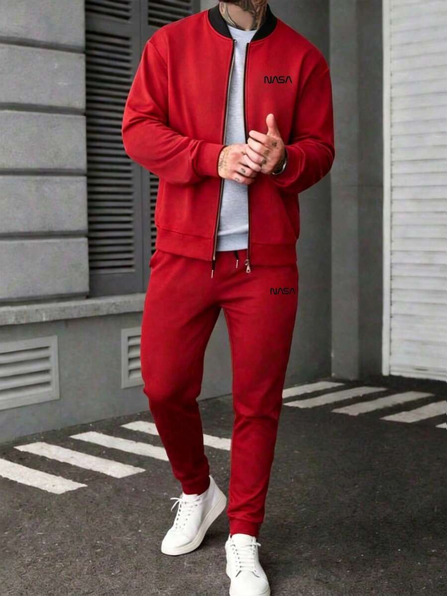 Muški jesenji/zimski komplet sa jaknom dugih rukava sa printom i suženim pantalonama sa pertlom u struku