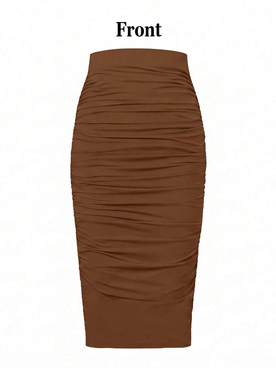 Ženska uska bodycon suknja jednobojna sa nabranim detaljima, seksi