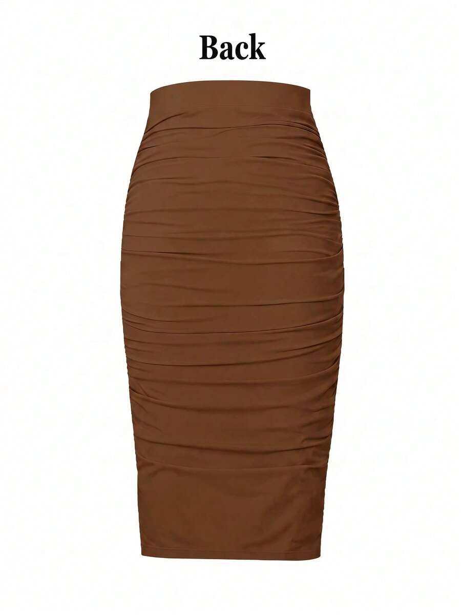 Ženska uska bodycon suknja jednobojna sa nabranim detaljima, seksi