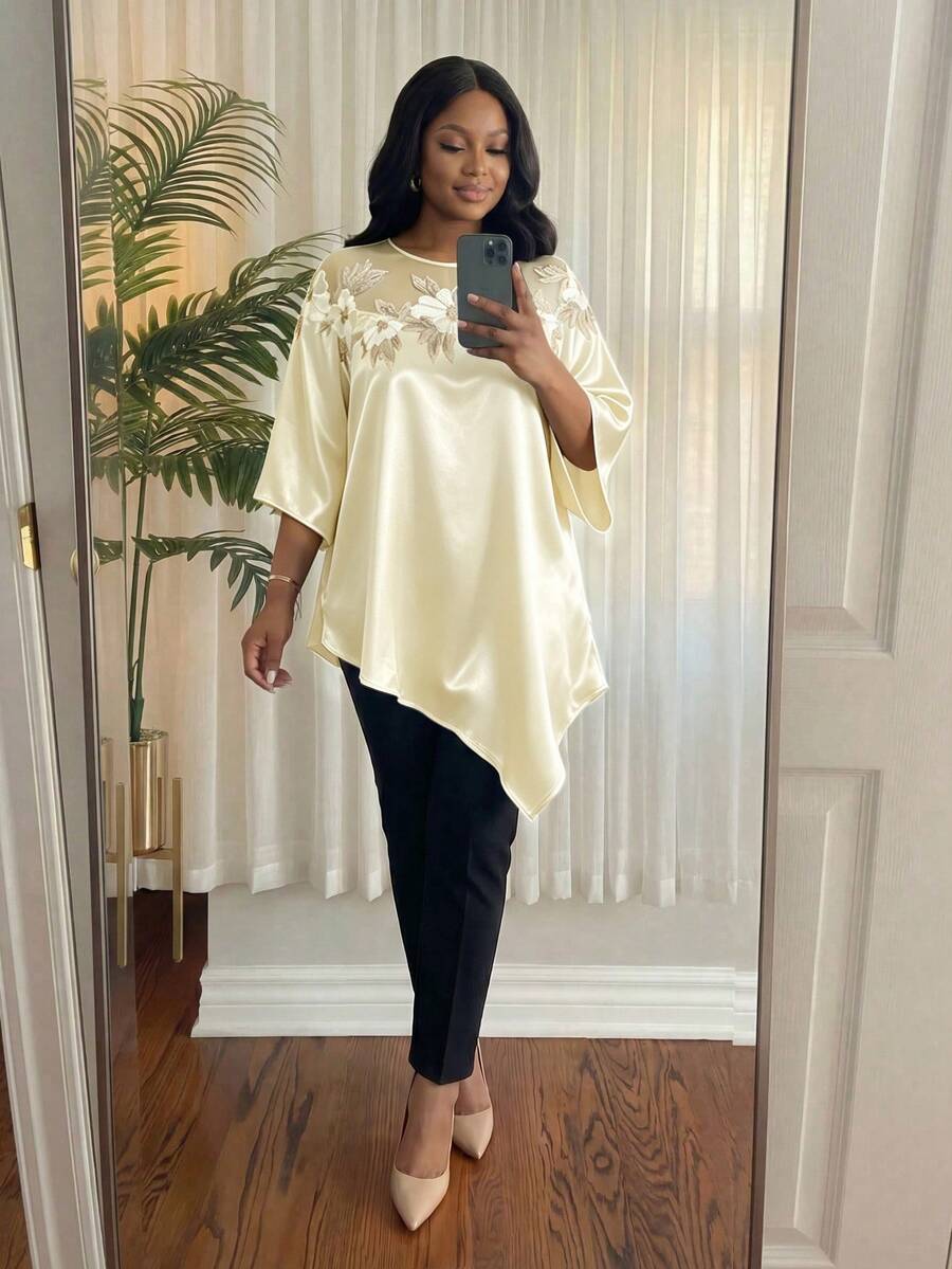 Elegantna bluza za žene plus size sa cvetnim vezom