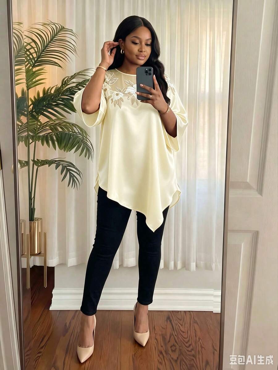 Elegantna bluza za žene plus size sa cvetnim vezom