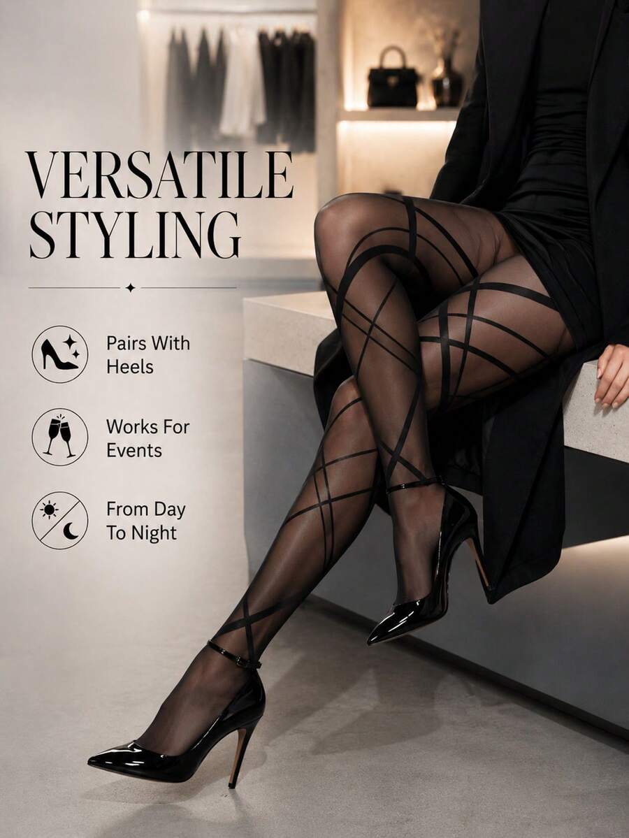 1 par crnih elastičnih čarapa sa printom dijamanta, plus size