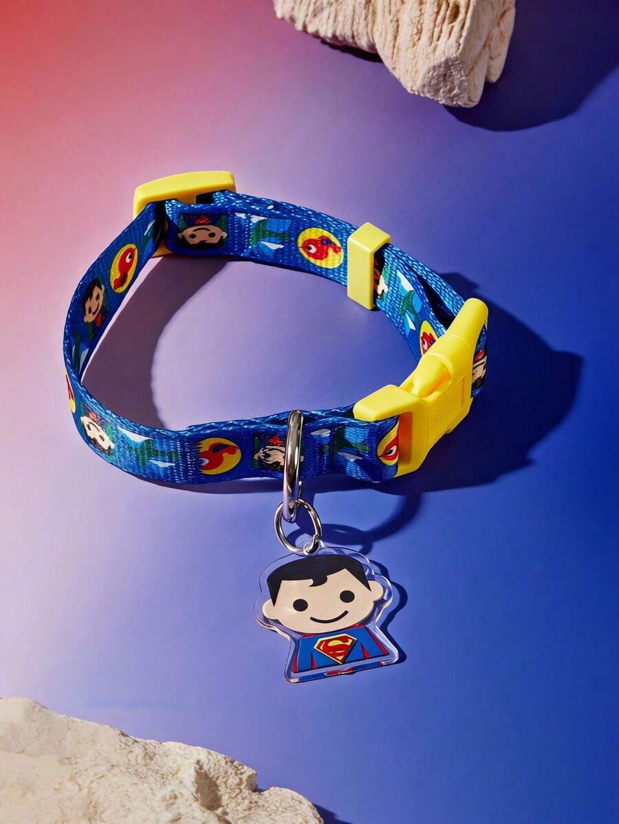 SUPERMAN štampana ogrlica za pse , izdržljiva, crveno-plavo-žuta, sa kopčom, podesiva i udobna, za male i srednje pse