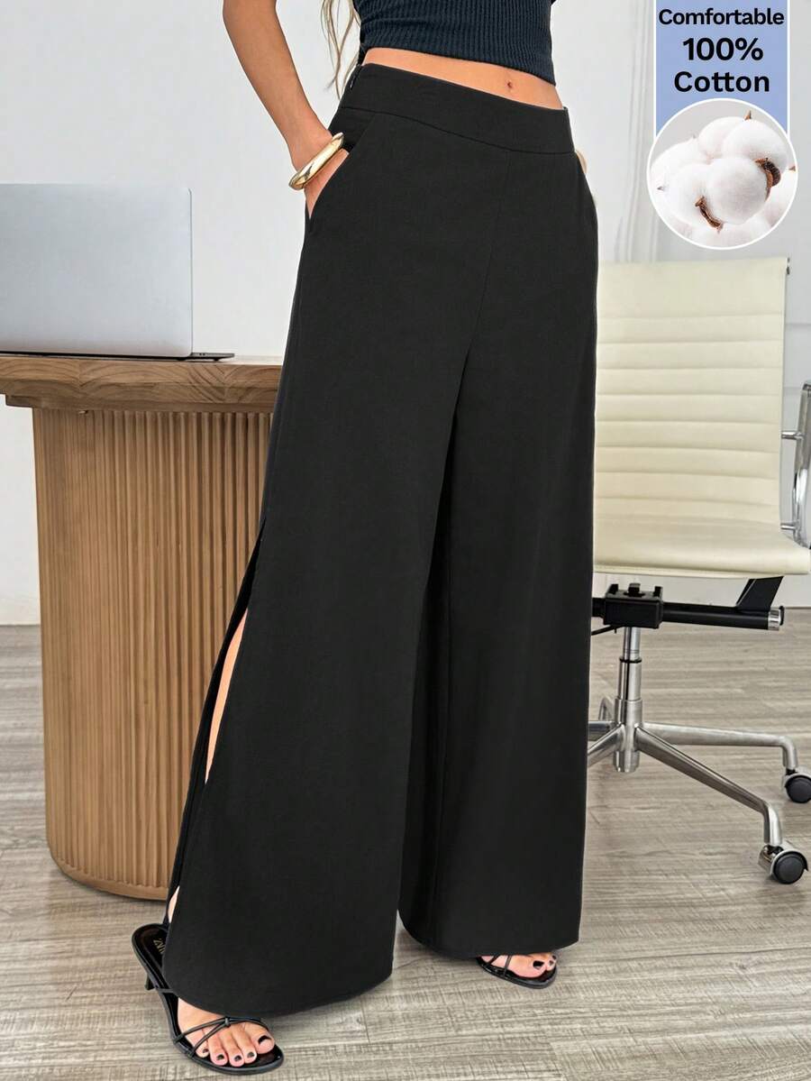 Easowa Ženske jednobojne široke pantalone sa razrezom, za ležerno nošenje i posao
