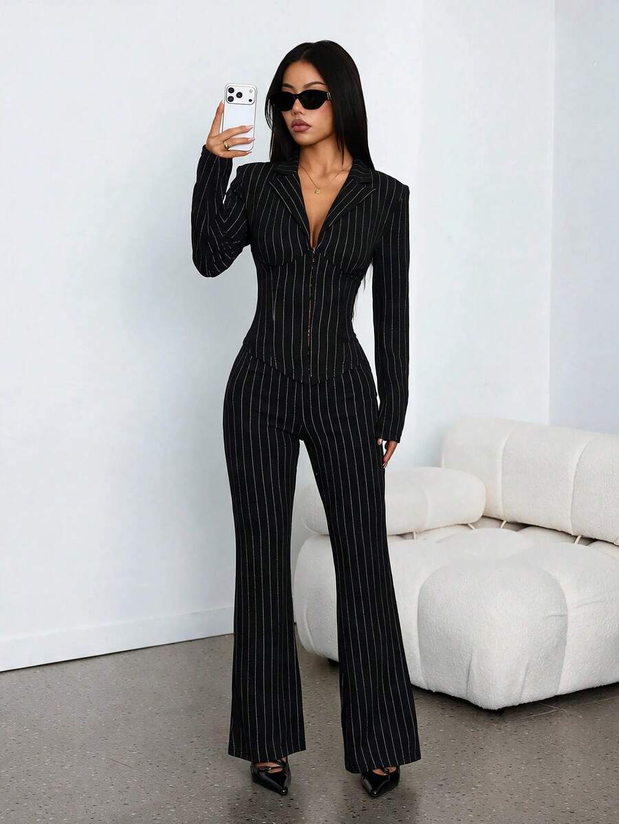 Ženski seksi elegantni prugasti set odelo sa kontrastnim bojama
