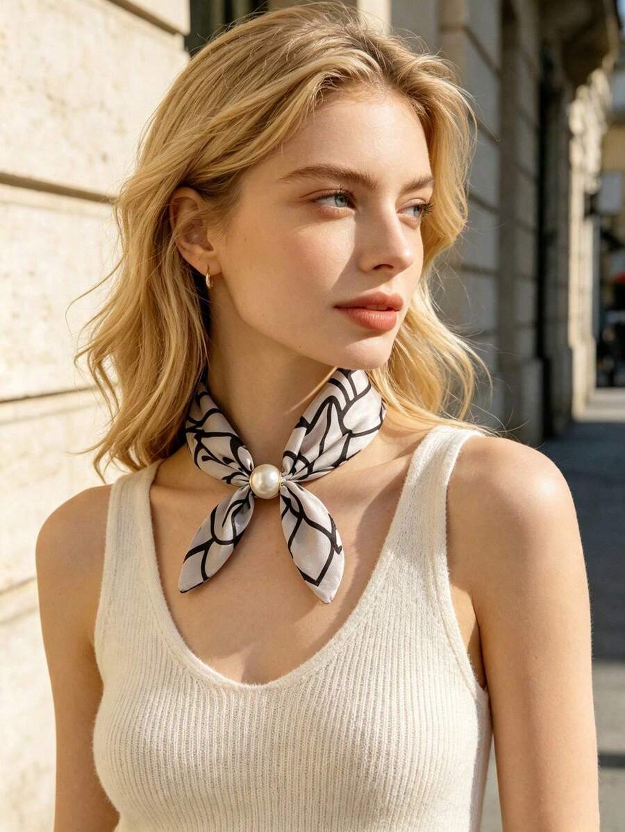 Minimalistička ogrlica sa leopard printom i magnetnom kopčom, perla privesak, lagani svilen šal