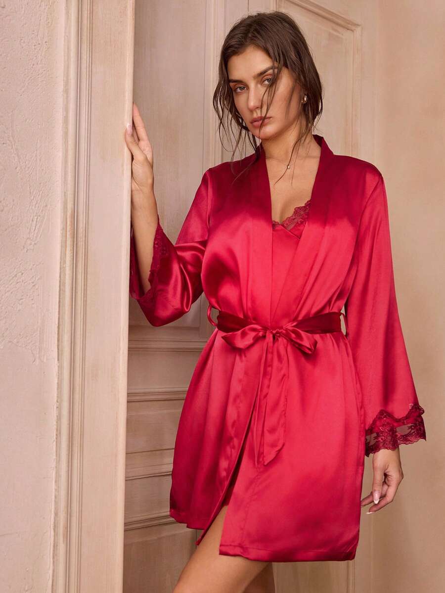 Ženski elegantni set za spavanje sa jednobojnim kontrasnim čipkastim dugim rukavima