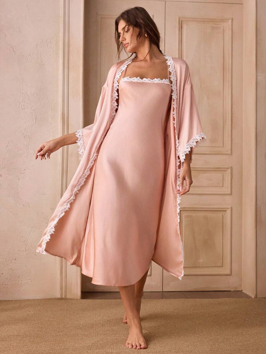 Elegantni satenski set pidžame od 2 komada za žene, haljina na bretele i ogrtač