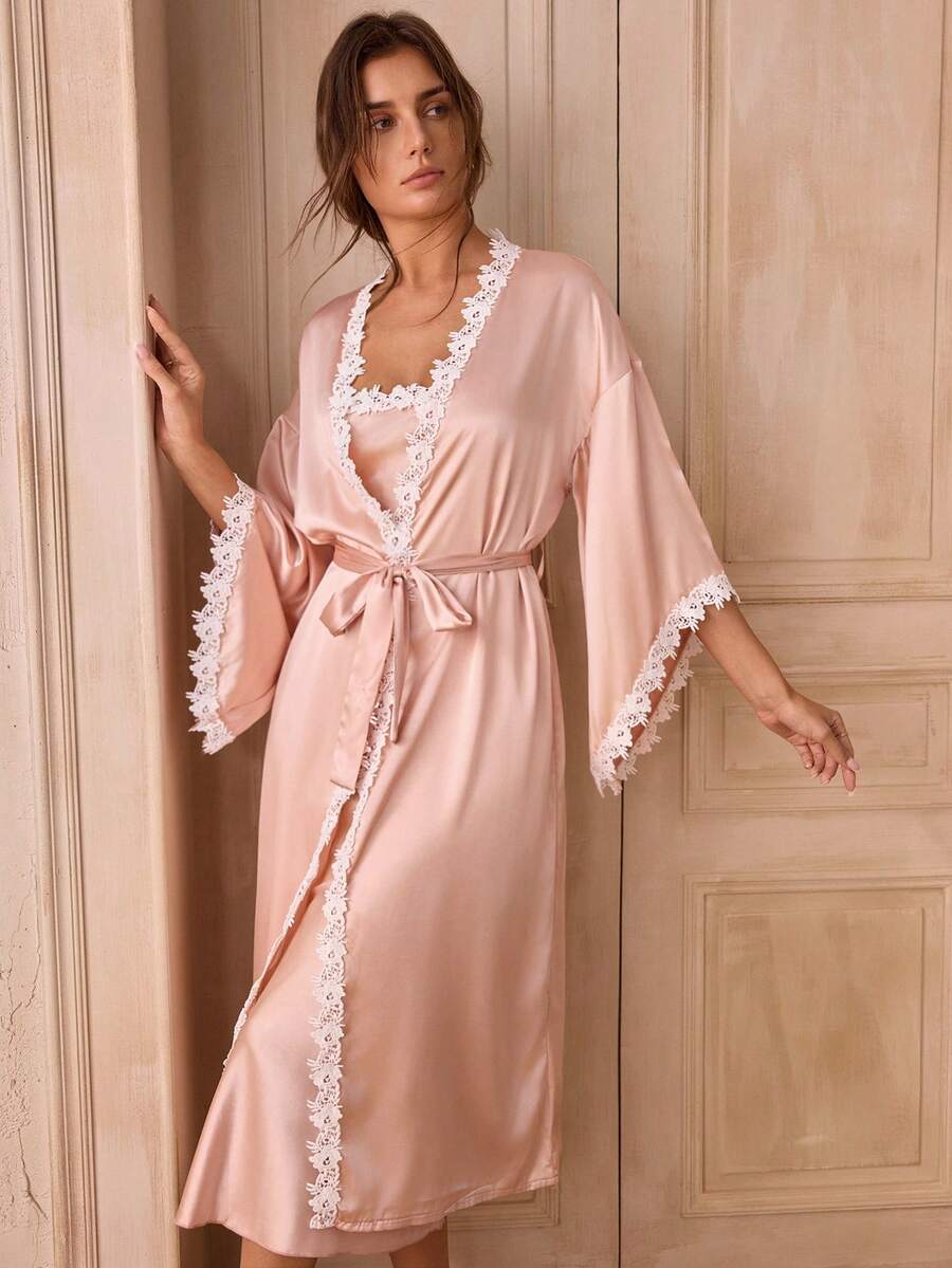 Elegantni satenski set pidžame od 2 komada za žene, haljina na bretele i ogrtač