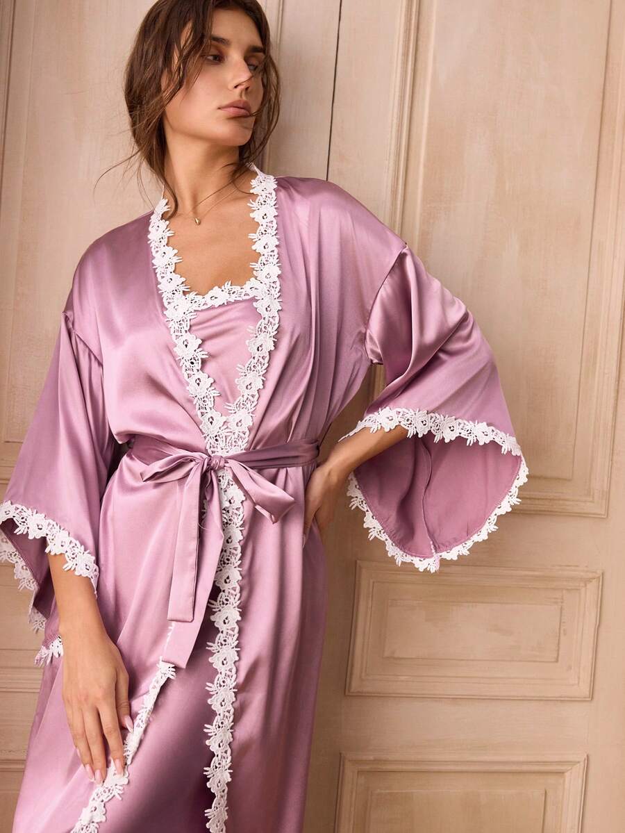 Elegantni satenski set pidžame od 2 komada za žene, haljina na bretele i ogrtač