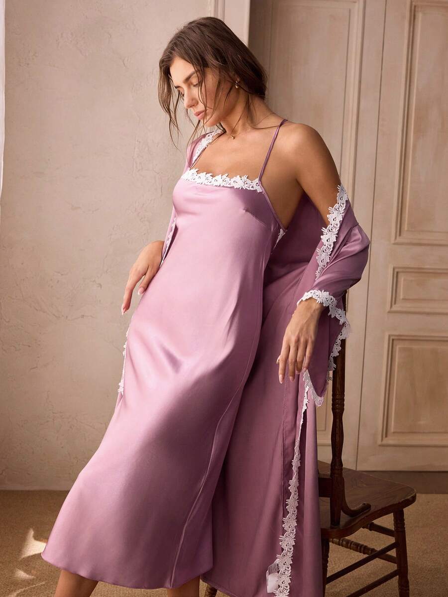 Elegantni satenski set pidžame od 2 komada za žene, haljina na bretele i ogrtač