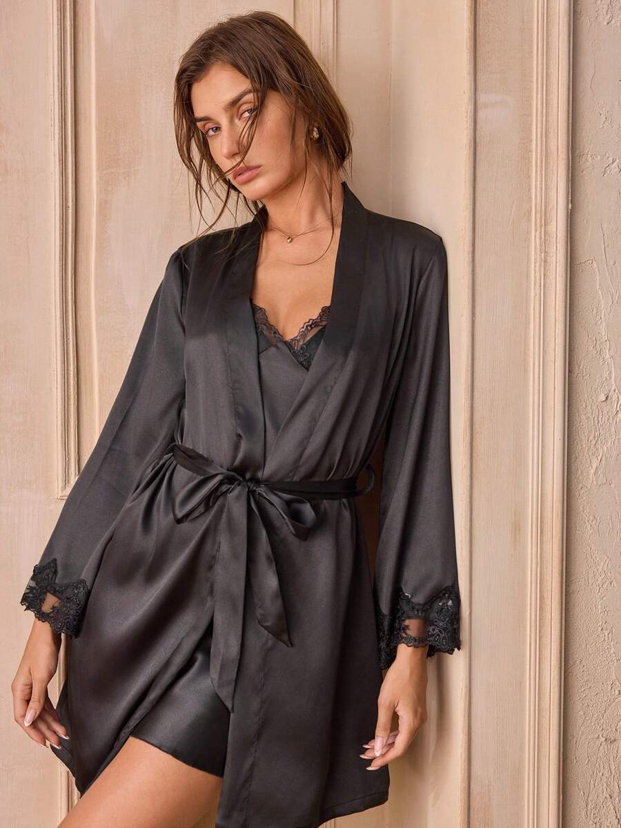 Ženski elegantni set za spavanje sa jednobojnim kontrasnim čipkastim dugim rukavima