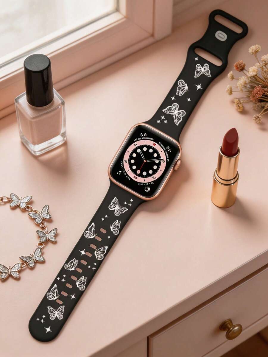 Slatka silikonska narukvica za sat sa urezanim leptirom, kompatibilna sa Apple Watch 38/40/41/42/44/45/46/49 mm