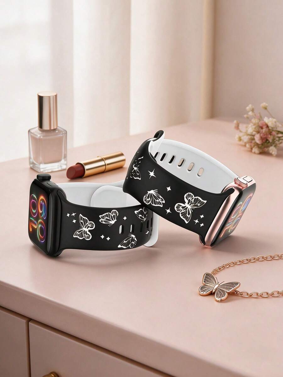 Slatka silikonska narukvica za sat sa urezanim leptirom, kompatibilna sa Apple Watch 38/40/41/42/44/45/46/49 mm
