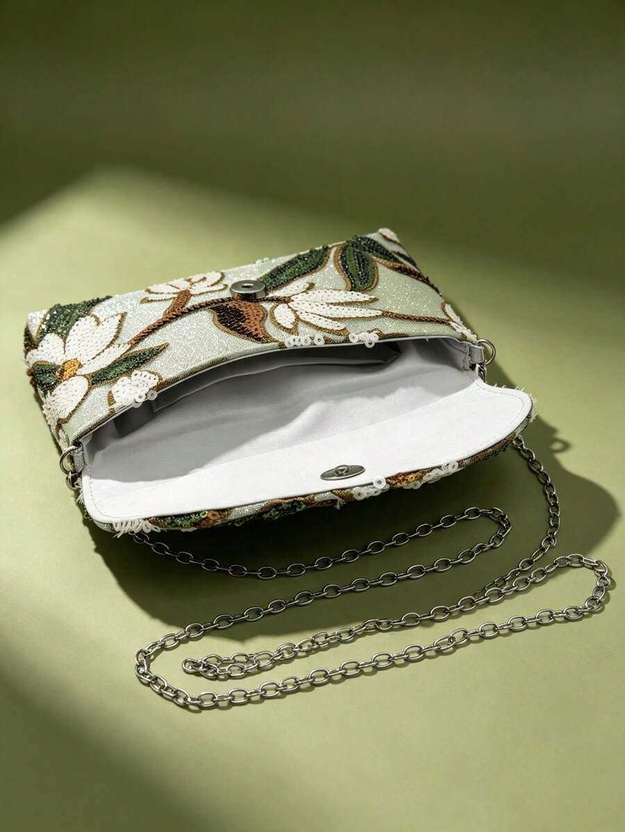 Elegantna bela i zelena kovert torba sa cvetnim dezenom za žene, izvezena