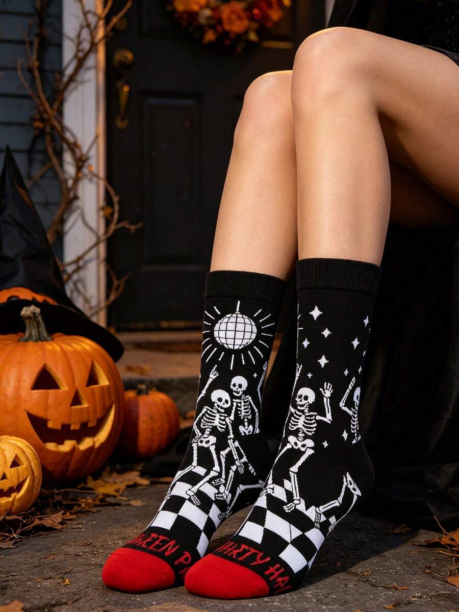 1 par muških pamučnih čarapa do pola lista sa zabavnim šarenim dezenom Halloween disko