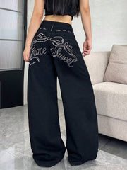 Široke pantalone od teksasa sa štrasom, američki street fashion stil