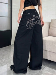 Široke pantalone od teksasa sa štrasom, američki street fashion stil
