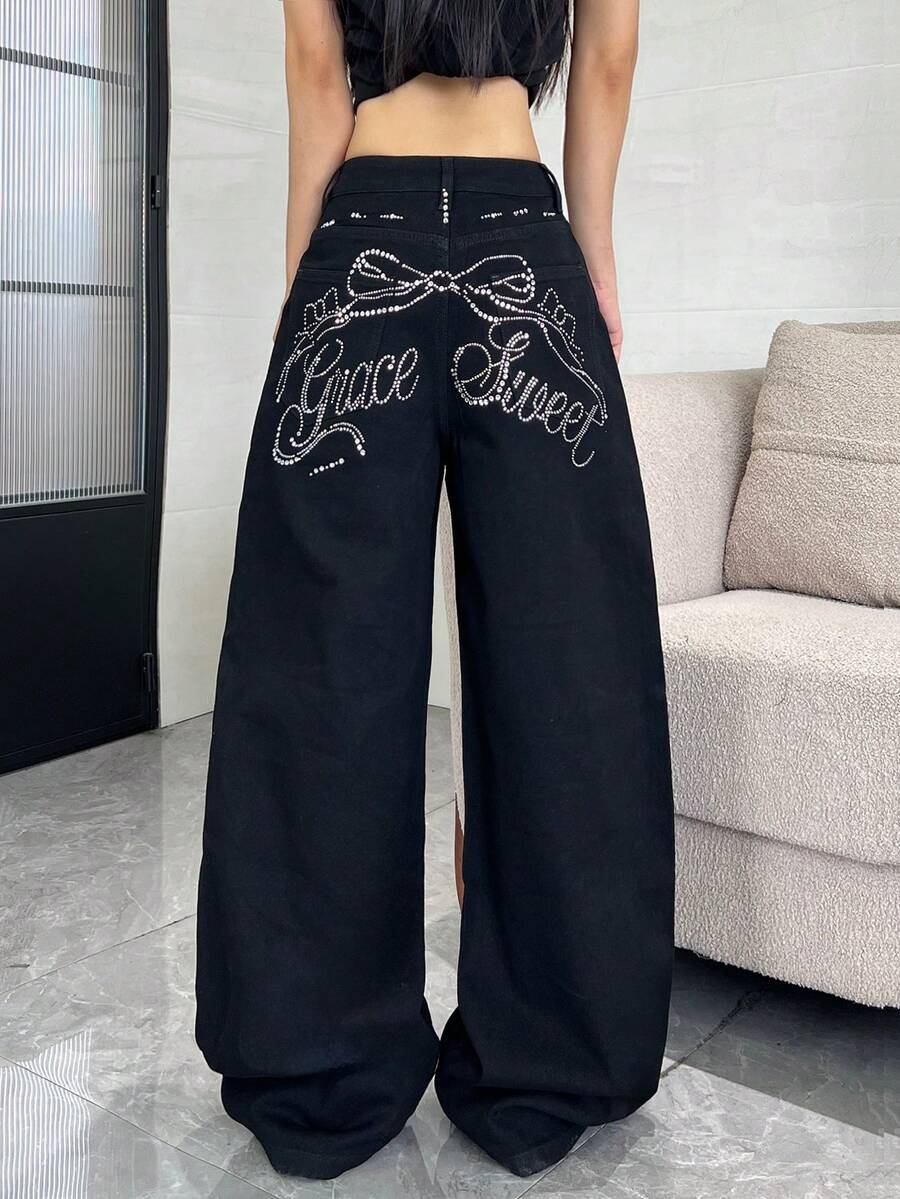 Široke pantalone od teksasa sa štrasom, američki street fashion stil